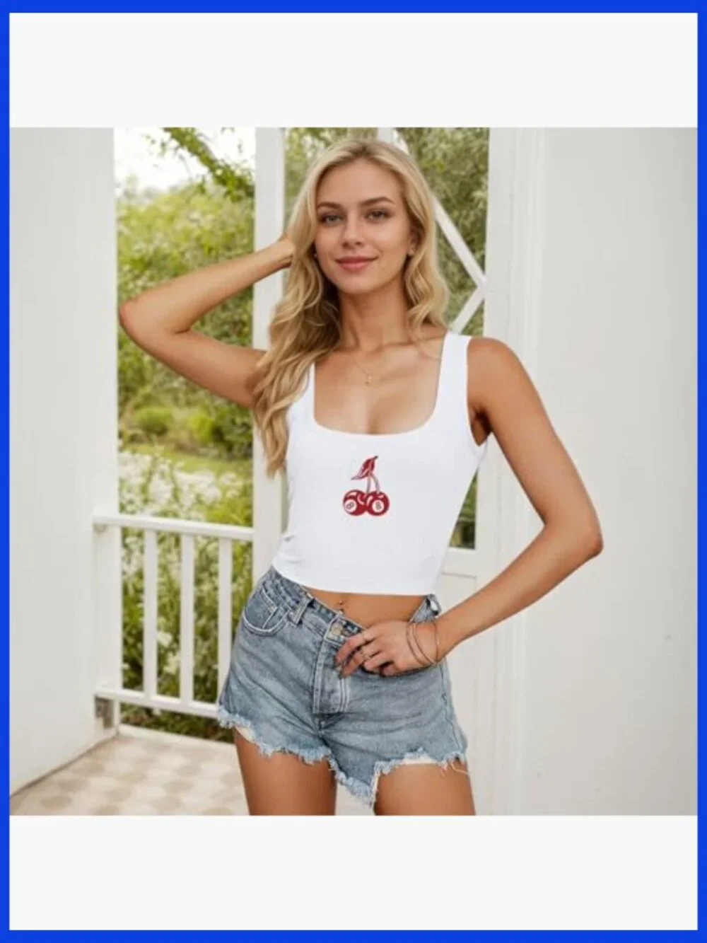 Cherry 8-Ball Graphic Ribbed Cropped Tank Top, Sleeveless Y2K Summer Tee - Picture 2 of 7